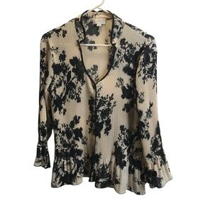 Women's Pleated Black and Beige Polyester Floral Blouse Large